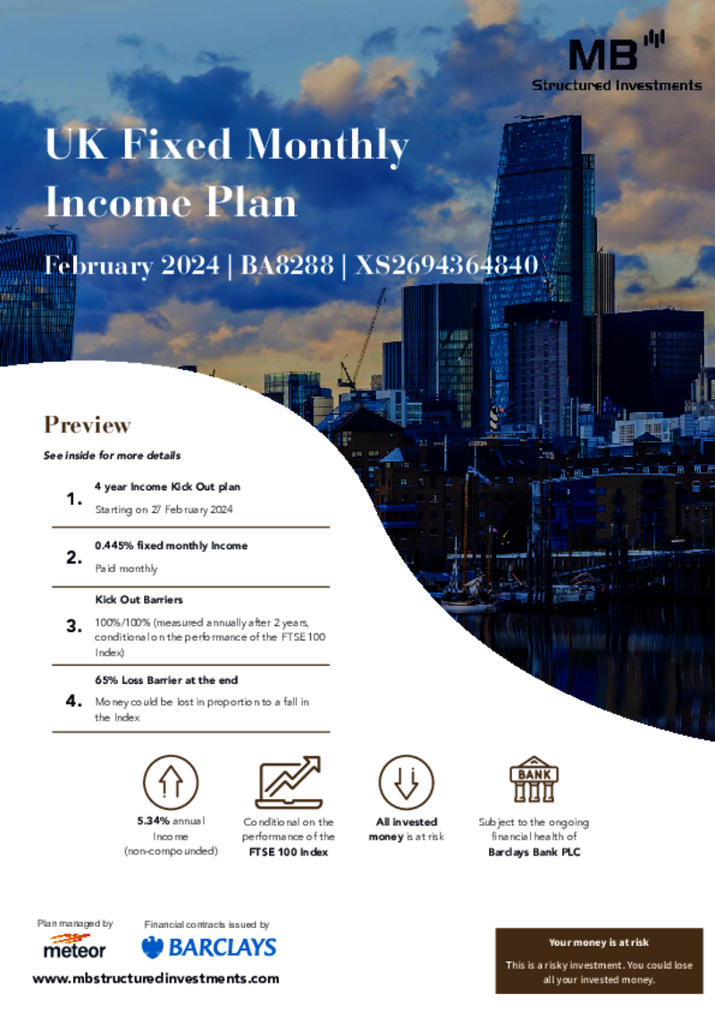 MB Structured Investments UK Fixed Monthly Income Plan February 2024 - BA8288