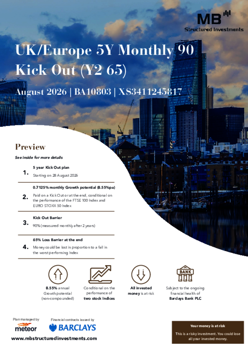 MB Structured Investments UK/Europe 5Y Monthly 90 Kick Out (Y2 65) August 2026 - BA10803