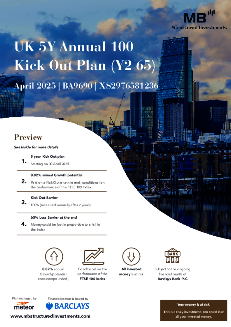MB Structured Investments UK 5Y Annual 100 Kick Out Plan (Y2 65) April 2025 - BA9690