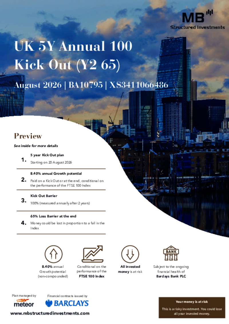 MB Structured Investments UK 5Y Annual 100 Kick Out Plan (Y2 65) August 2026 - BA10795