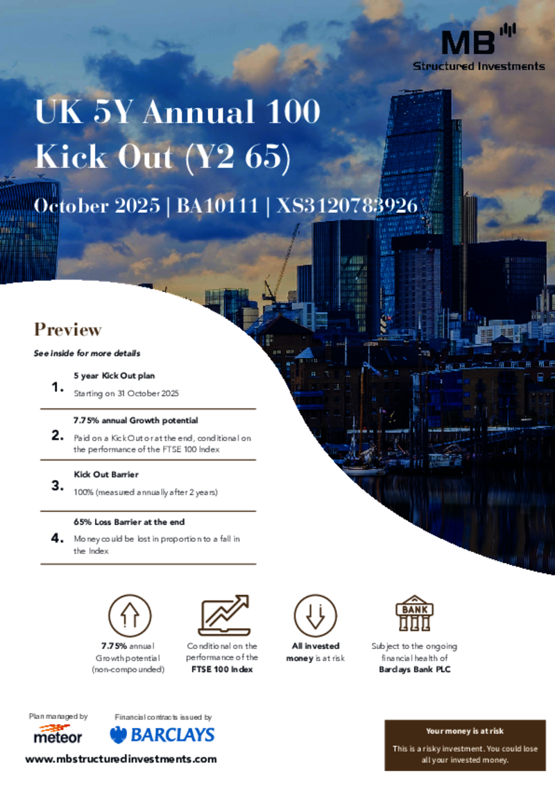 MB Structured Investments UK 5Y Annual 100 Kick Out Plan (Y2 65) October 2025 - BA10111