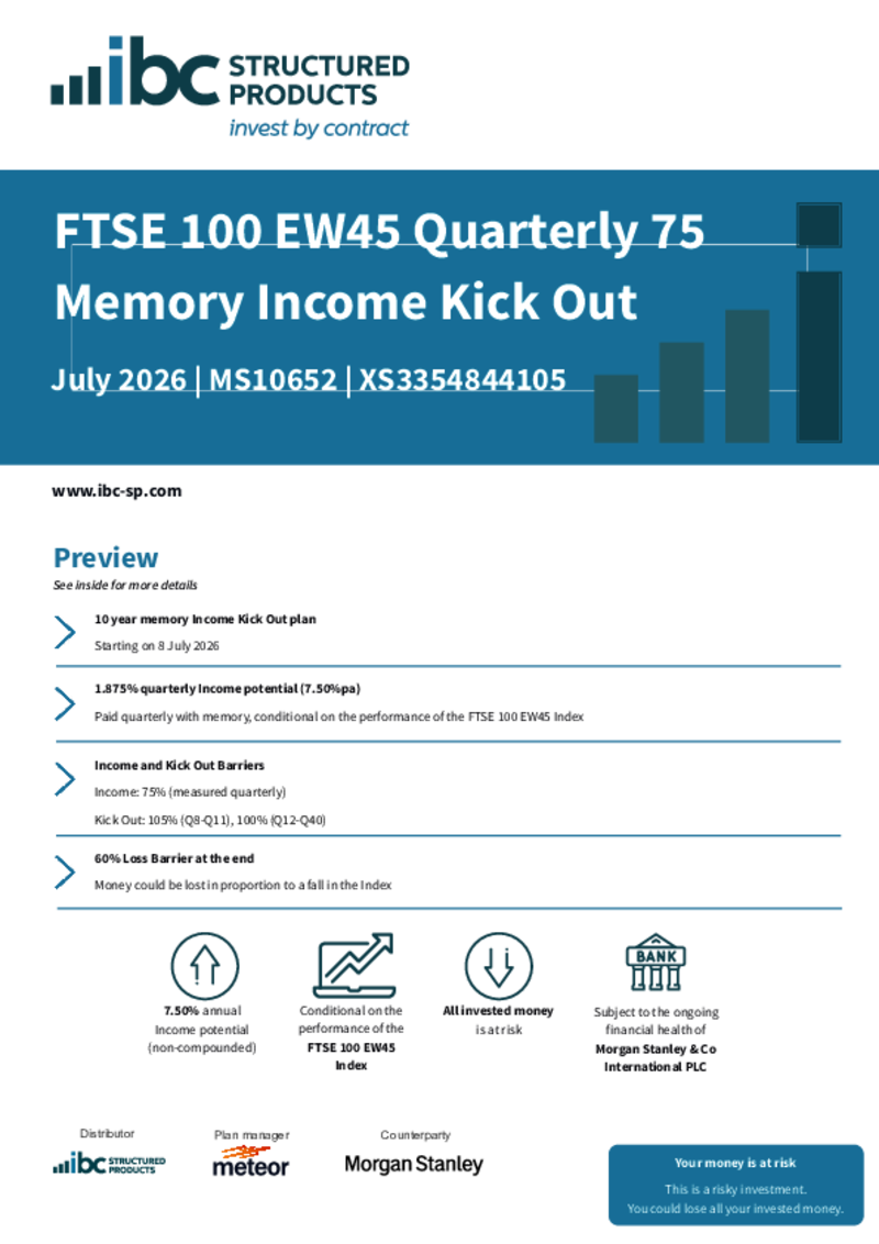 iBC Structured Products FTSE 100 EW45 Quarterly 75 Memory Income Kick Out July 2026 - MS10652