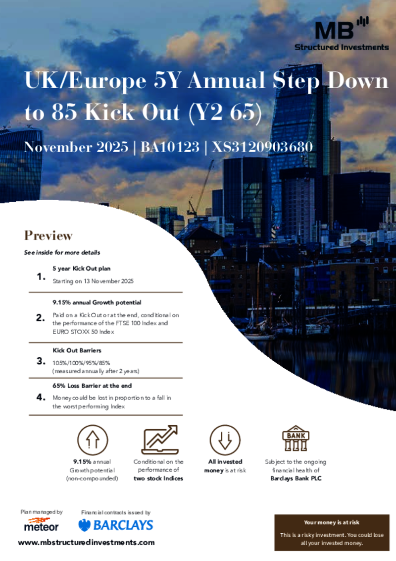 MB Structured Investments UK/Europe 5Y Annual Step Down to 85 Kick Out Plan (Y2 65) November 2025 - BA10123
