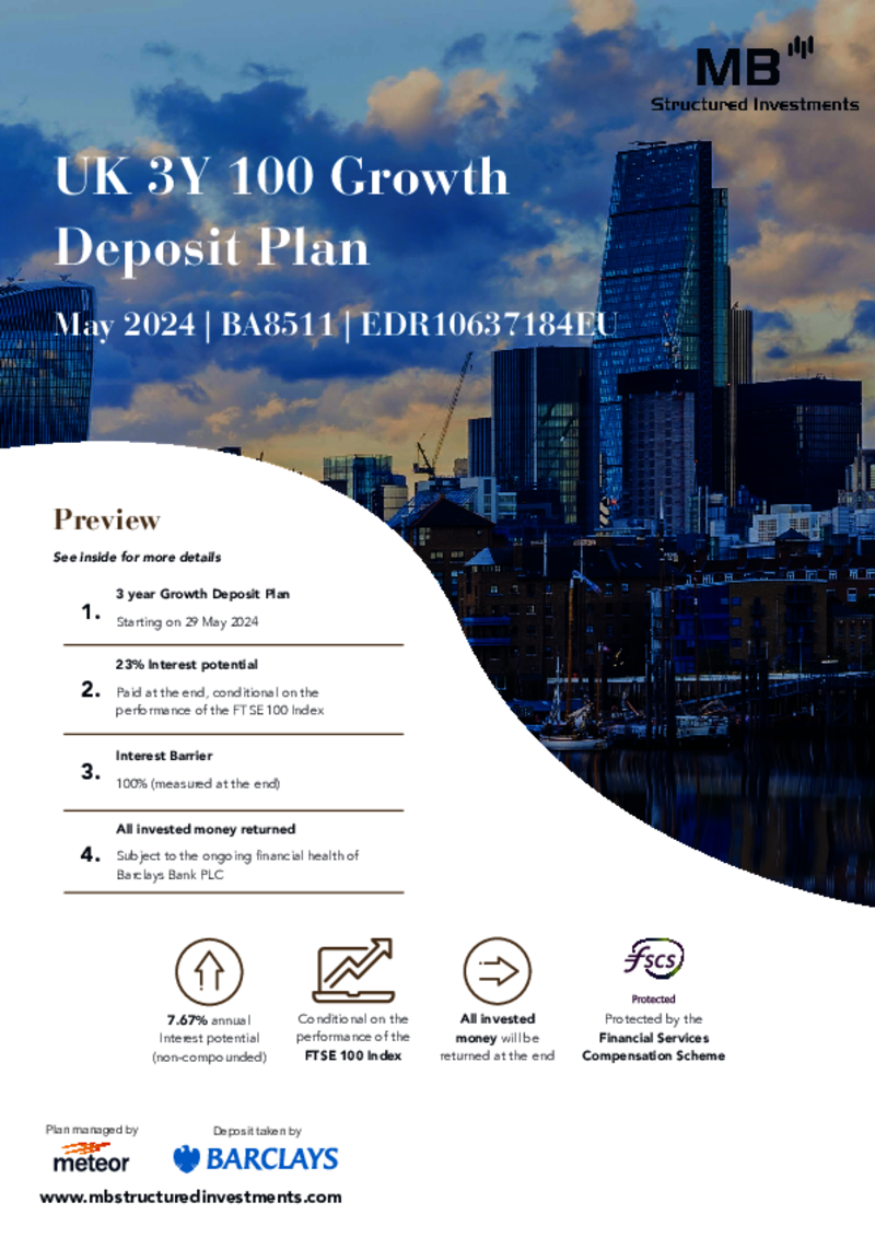 MB Structured Investments UK 3Y 100 Growth Deposit Plan May 2024 - BA8511