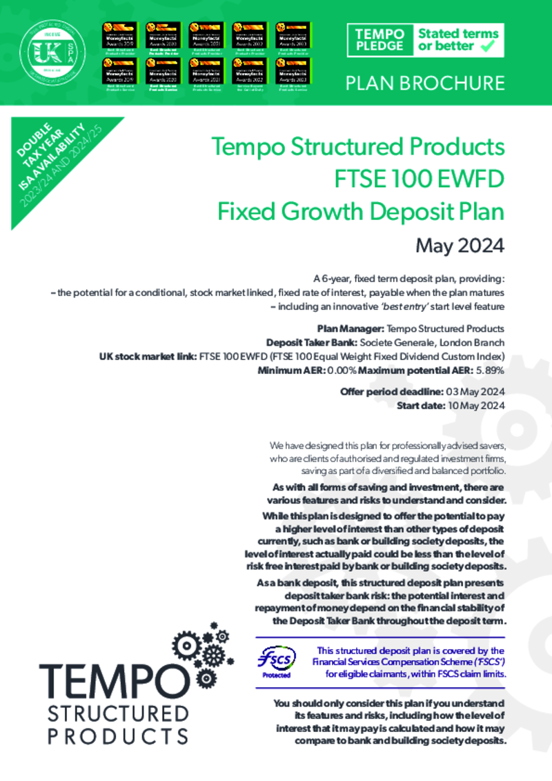 Tempo FTSE 100 EWFD Fixed Growth Deposit Plan: May 2024