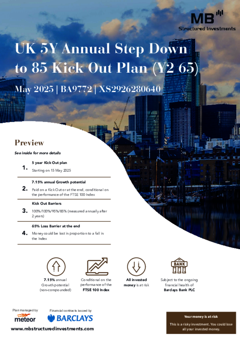 MB Structured Investments UK 5Y Annual Step Down to 85 Kick Out Plan (Y2 65) April 2025 - BA9615