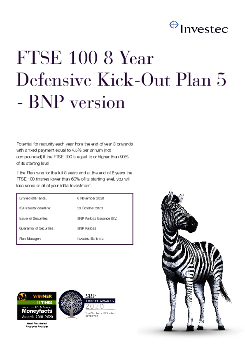 Investec FTSE 100 8 Year Defensive Kick-Out Plan 5 - BNP Version