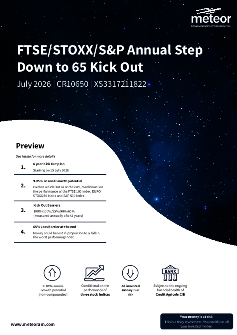 Meteor FTSE/STOXX/S&P Annual Step Down to 65 Kick Out July 2026 - CR10650
