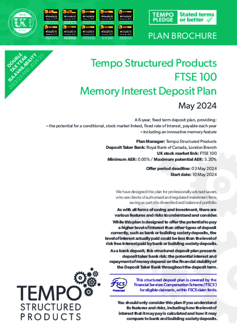 Tempo FTSE 100 Memory Interest Deposit Plan: May 2024    