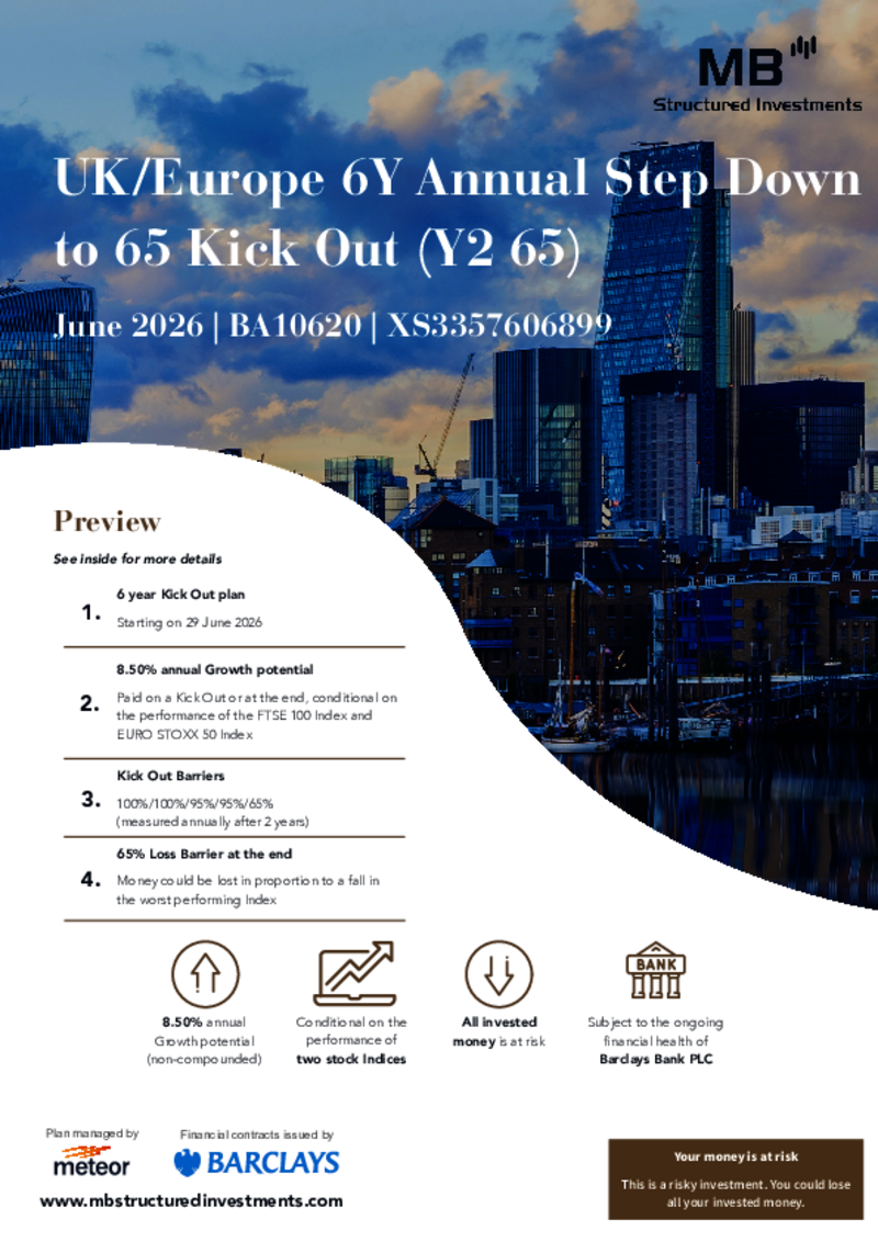 MB Structured Investments UK/Europe 6Y Annual Step Down to 65 Kick Out (Y2 65) June 2026 - BA10620
