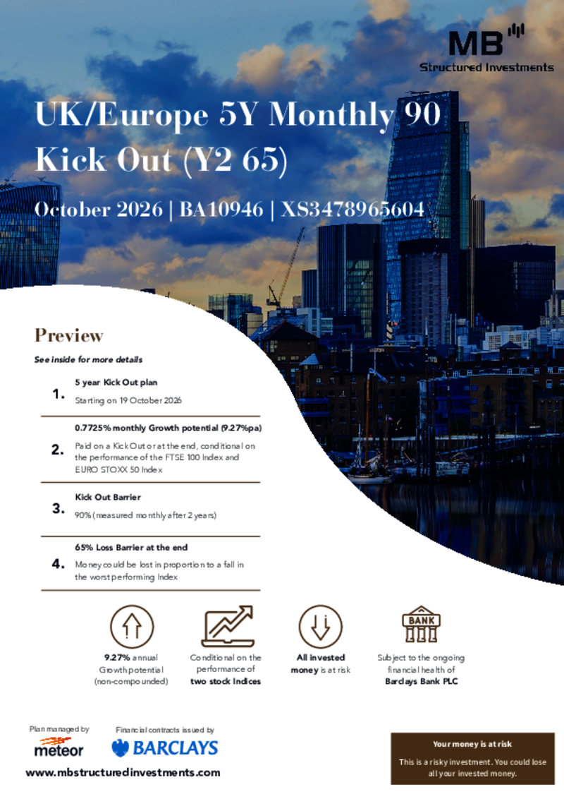 MB Structured Investments UK/Europe 5Y Monthly 90 Kick Out (Y2 65) October 2026 - BA10946