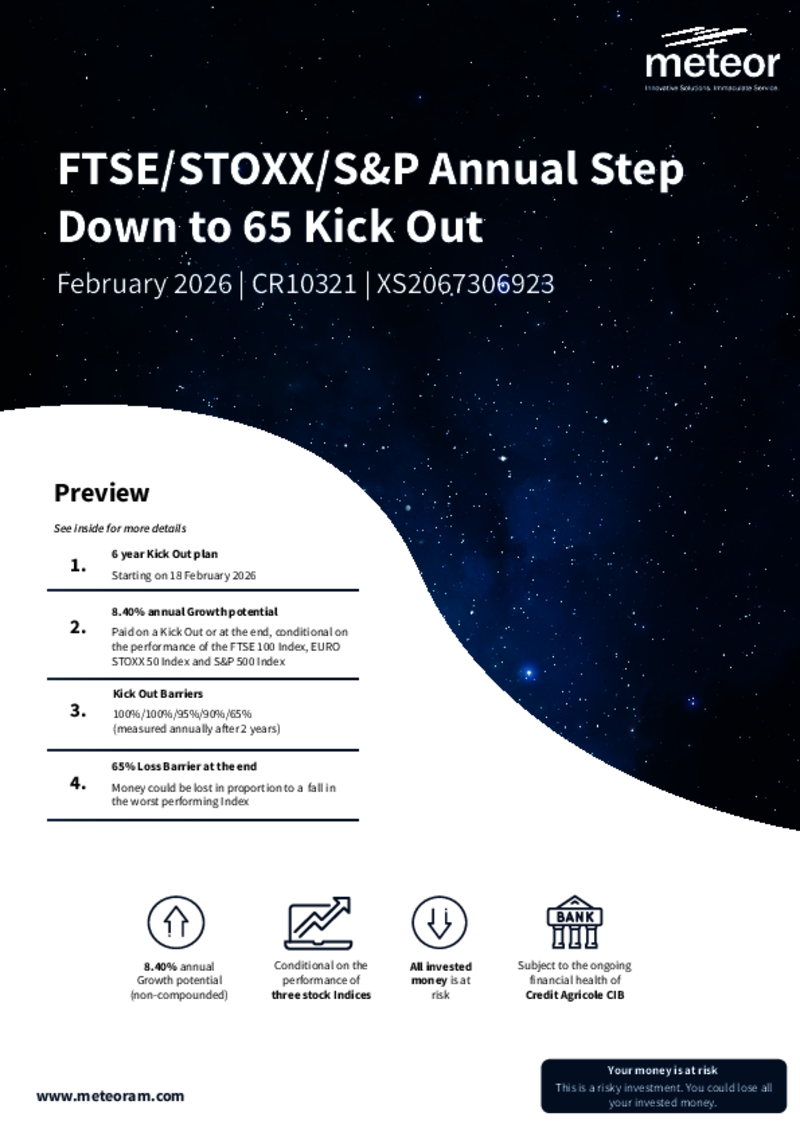 Meteor FTSE/STOXX/S&P Annual Step Down to 65 Kick Out February 2026 - CR10321