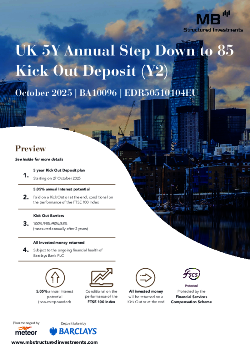 MB Structured Investments UK 5Y Annual Step Down to 85 Kick Out Deposit (Y2) October 2025 - BA10096