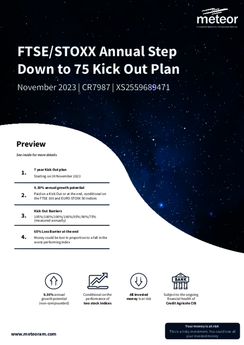 Meteor FTSE/STOXX Annual Step Down to 75 Kick Out Plan November 2023 - CR7987     NEAR CAPACITY