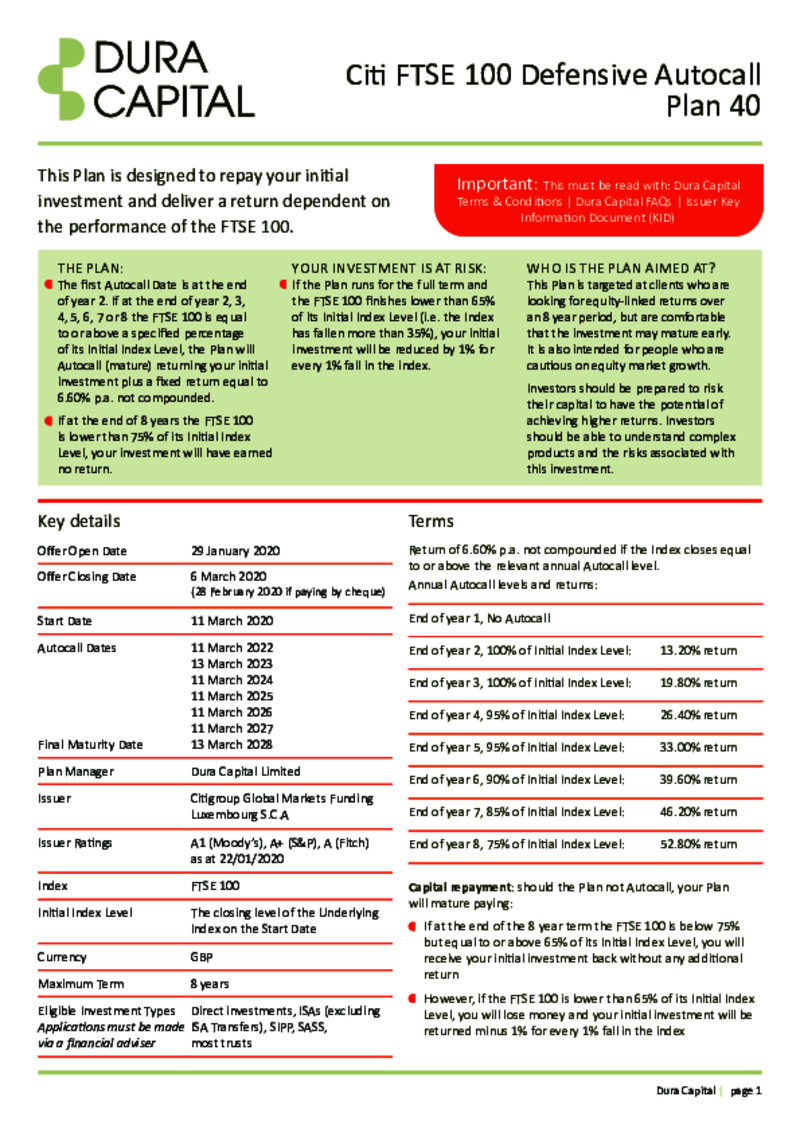 Citi FTSE 100 Defensive Autocall Plan 40