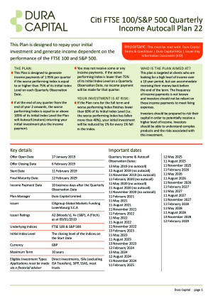 Citi FTSE 100/S&P 500 Quarterly Income Autocall Plan 22