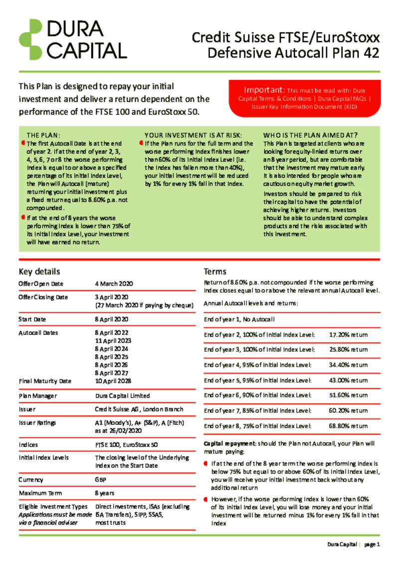 Credit Suisse FTSE/EuroStoxx Defensive Autocall Plan 42