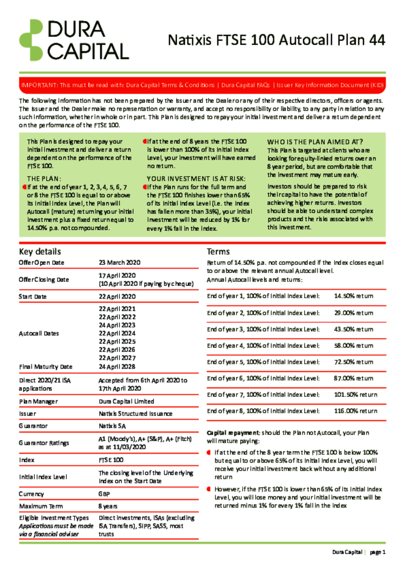 Dura Capital Natixis FTSE 100 Autocall Plan 44