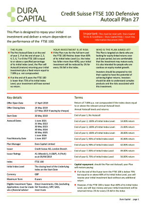 Credit Suisse FTSE 100 Defensive Autocall Plan 27